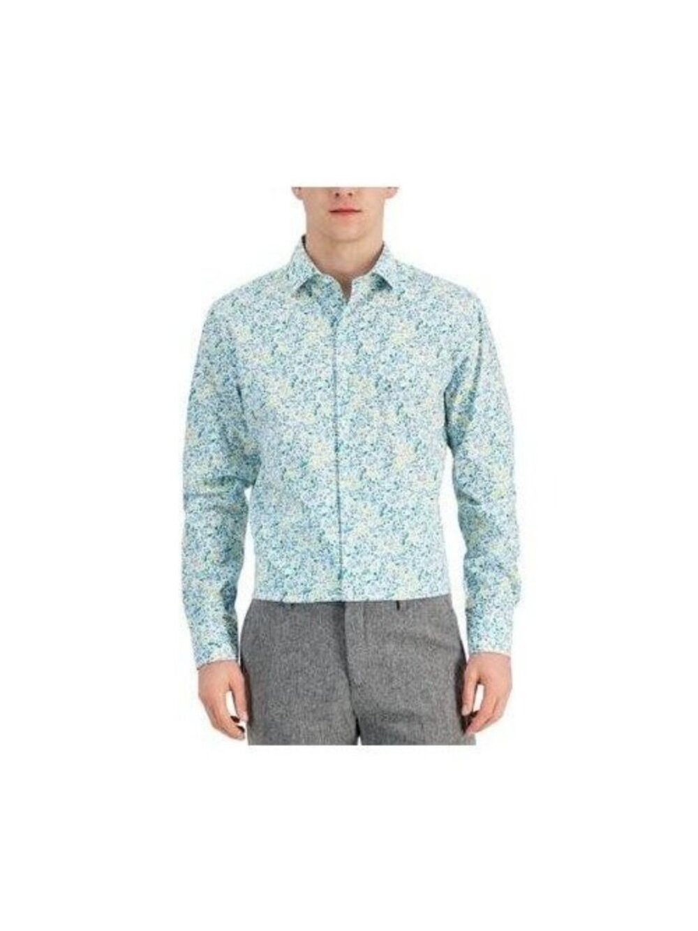 Bar III Blue Yellow White Floral Slim Fit Stretch Size 16/16.5 L Dress Shirt $65